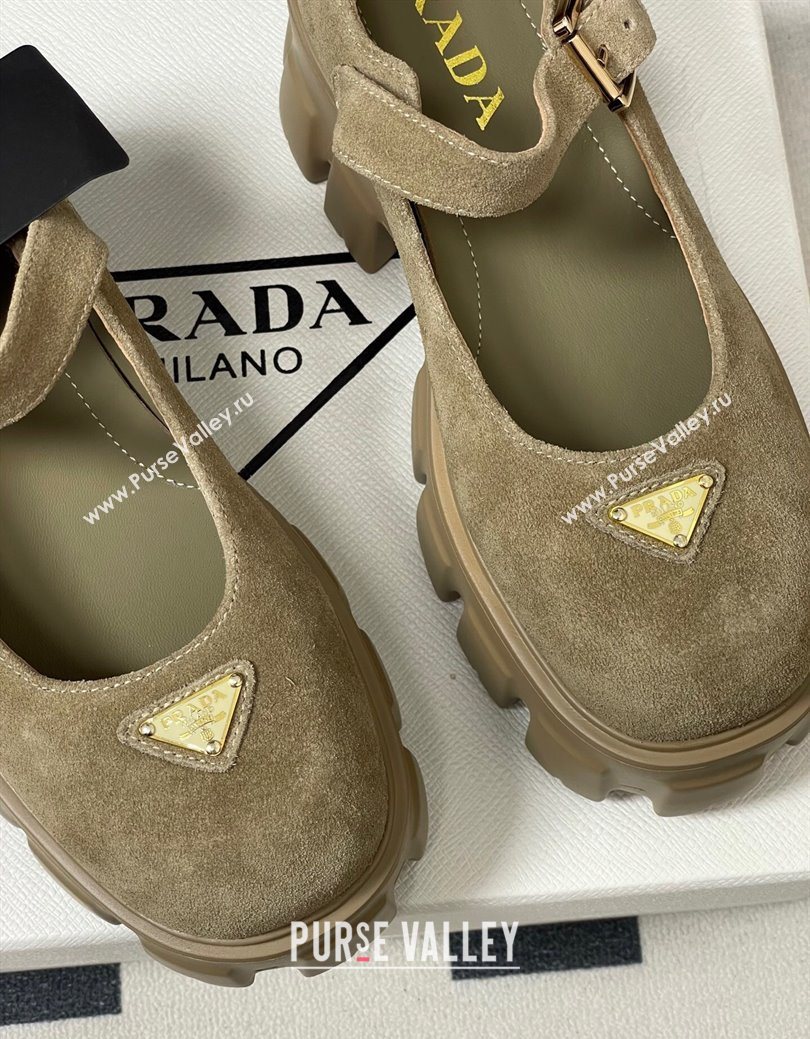 Prada Suede Monolith Platform Mary Janes Shoes 5cm Beige 2025 1F080O (MD-251027043)