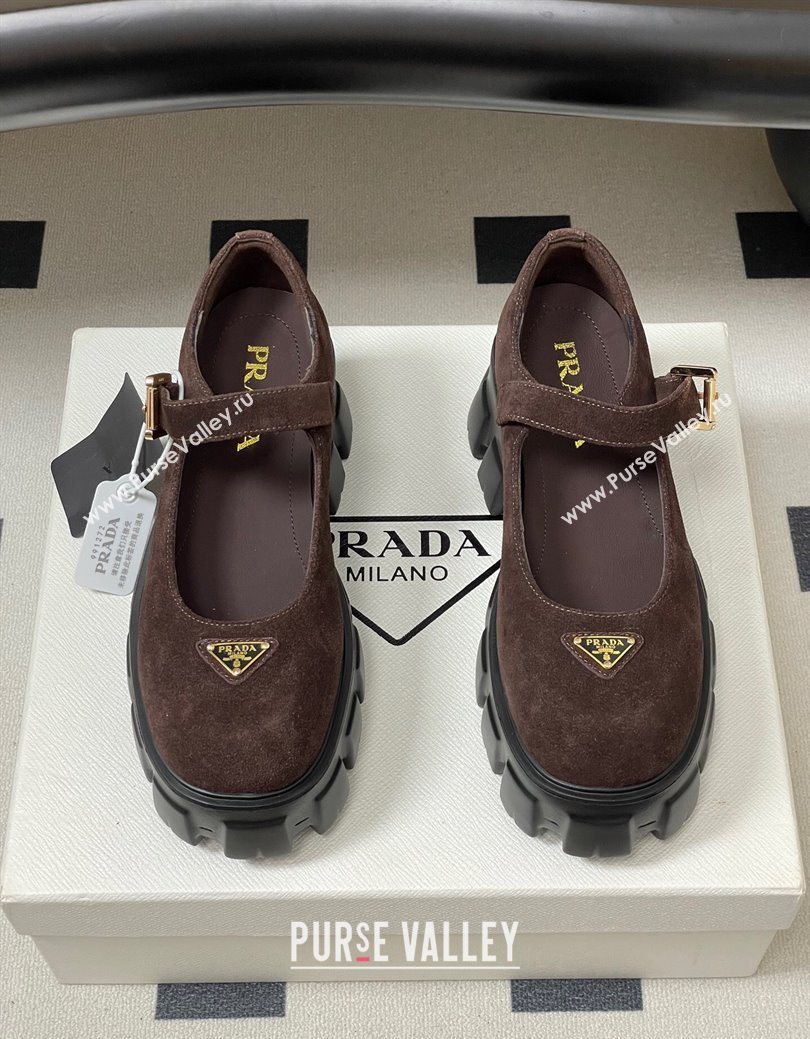 Prada Suede Monolith Platform Mary Janes Shoes 5cm Dark Brown 2025 1F080O (MD-251027044)