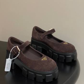 Prada Suede Monolith Platform Mary Janes Shoes 5cm Dark Brown 2025 1F080O (MD-251027044)