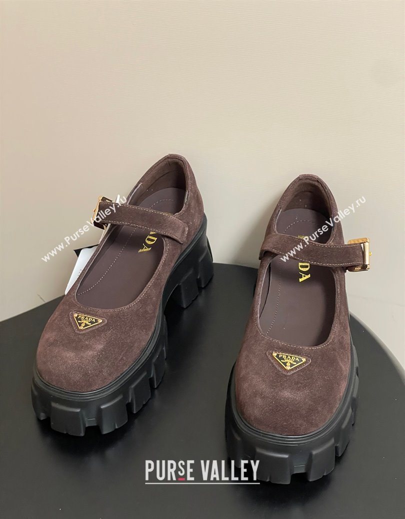 Prada Suede Monolith Platform Mary Janes Shoes 5cm Dark Brown 2025 1F080O (MD-251027044)