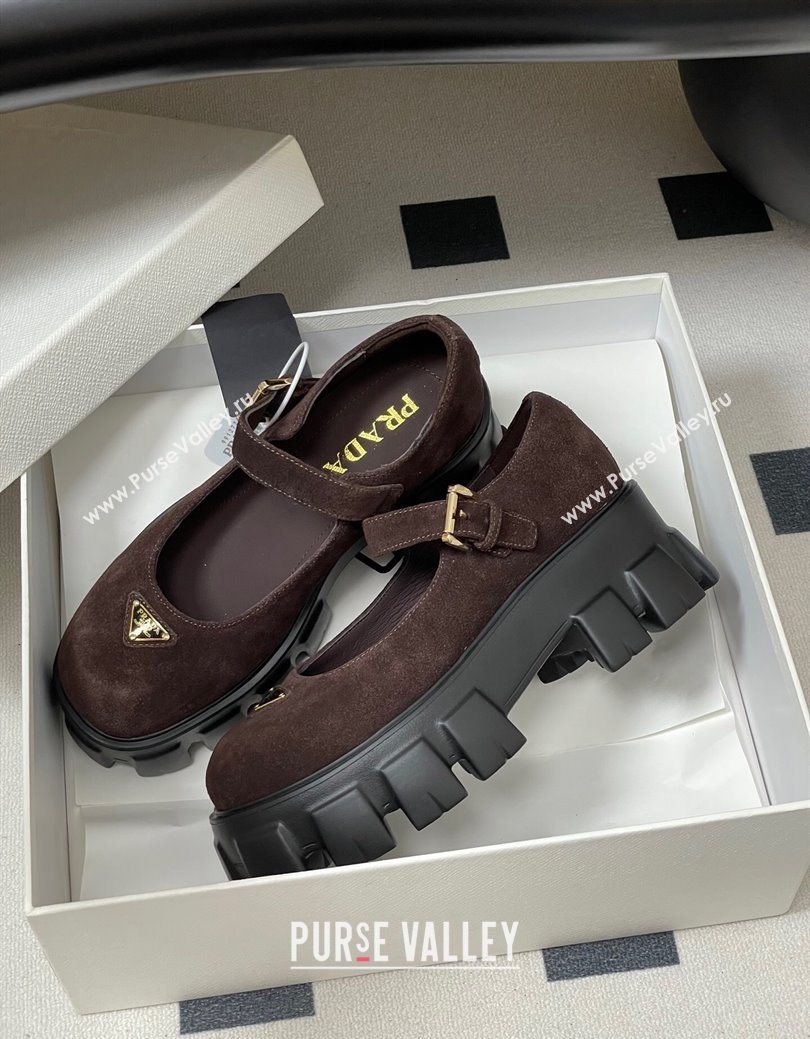Prada Suede Monolith Platform Mary Janes Shoes 5cm Dark Brown 2025 1F080O (MD-251027044)