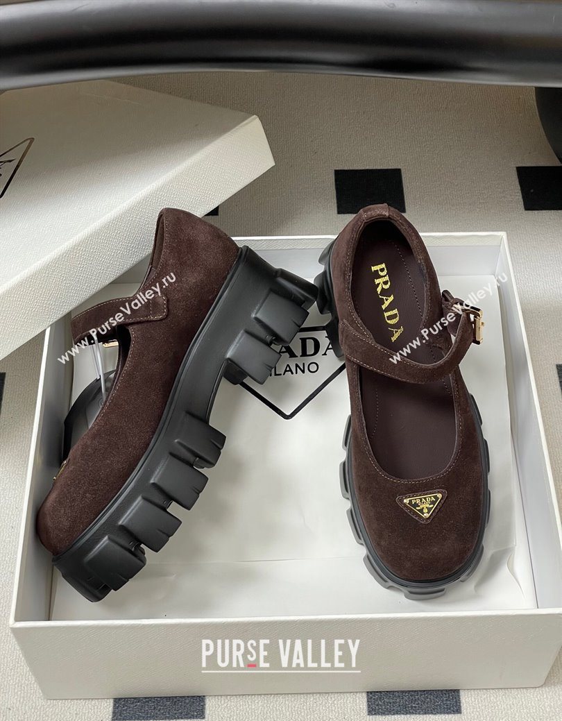 Prada Suede Monolith Platform Mary Janes Shoes 5cm Dark Brown 2025 1F080O (MD-251027044)