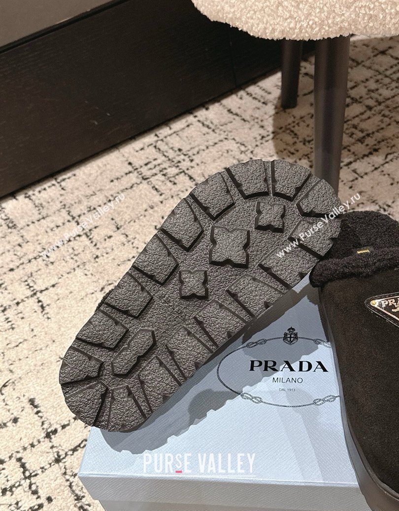 Prada Suede and Shearling Platform Mules 4cm Black 2025 PR102702 (HQG-251027022)