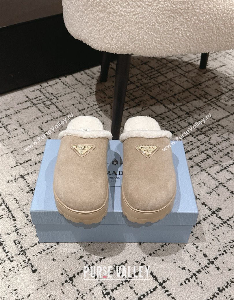 Prada Suede and Shearling Platform Mules 4cm Taupe 2025 PR102702 (HQG-251027023)