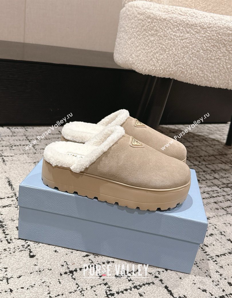 Prada Suede and Shearling Platform Mules 4cm Taupe 2025 PR102702 (HQG-251027023)
