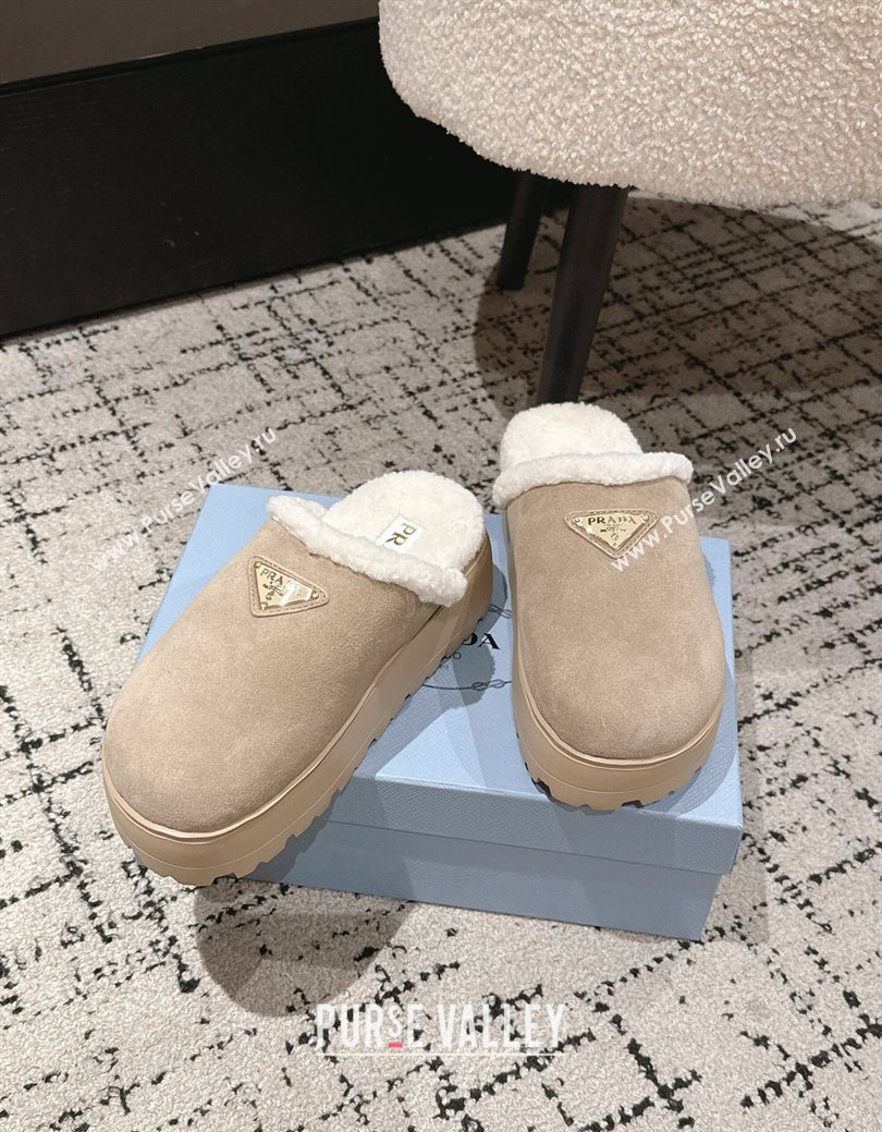 Prada Suede and Shearling Platform Mules 4cm Taupe 2025 PR102702 (HQG-251027023)