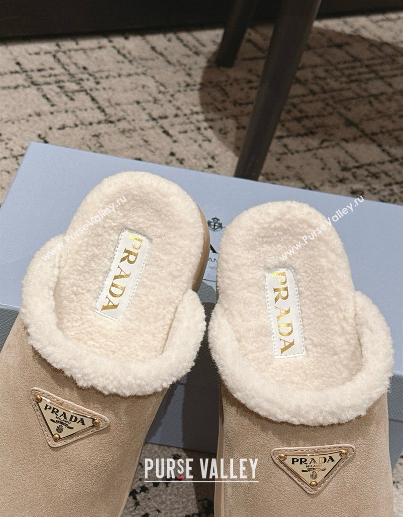 Prada Suede and Shearling Platform Mules 4cm Taupe 2025 PR102702 (HQG-251027023)