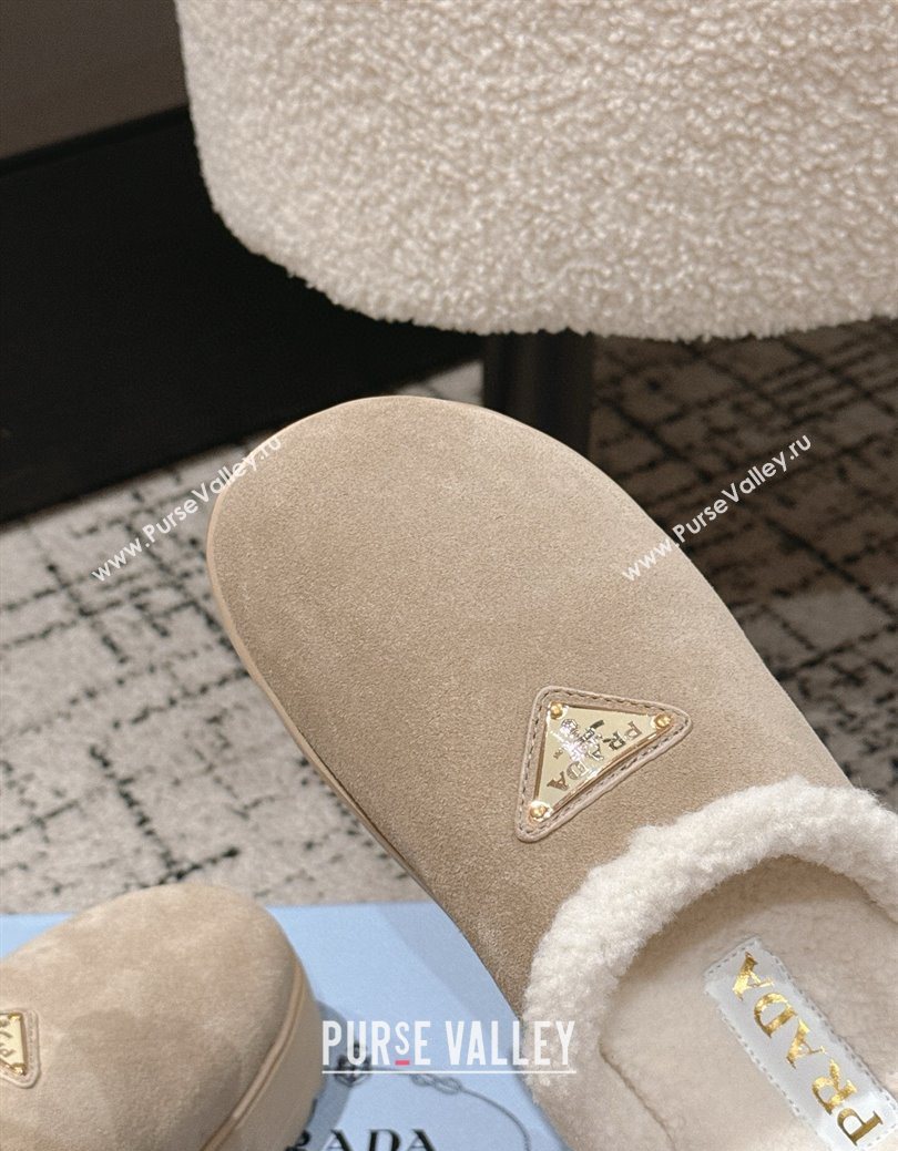 Prada Suede and Shearling Platform Mules 4cm Taupe 2025 PR102702 (HQG-251027023)