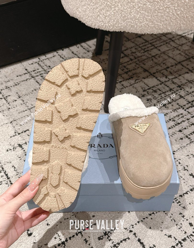 Prada Suede and Shearling Platform Mules 4cm Taupe 2025 PR102702 (HQG-251027023)