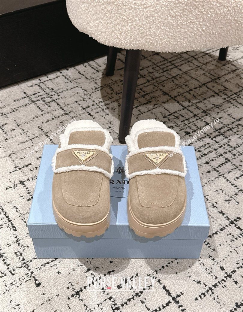 Prada Suede and Shearling Platform Mules 4cm Taupe 2025 PR101107 (HQG-251027018)
