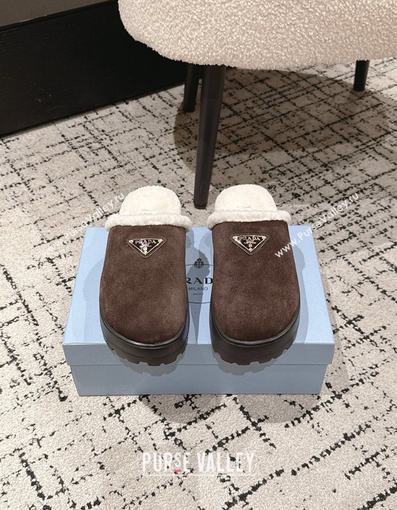 Prada Suede and Shearling Platform Mules 4cm Dark Brown 2025 PR102702 (HQG-251027024)