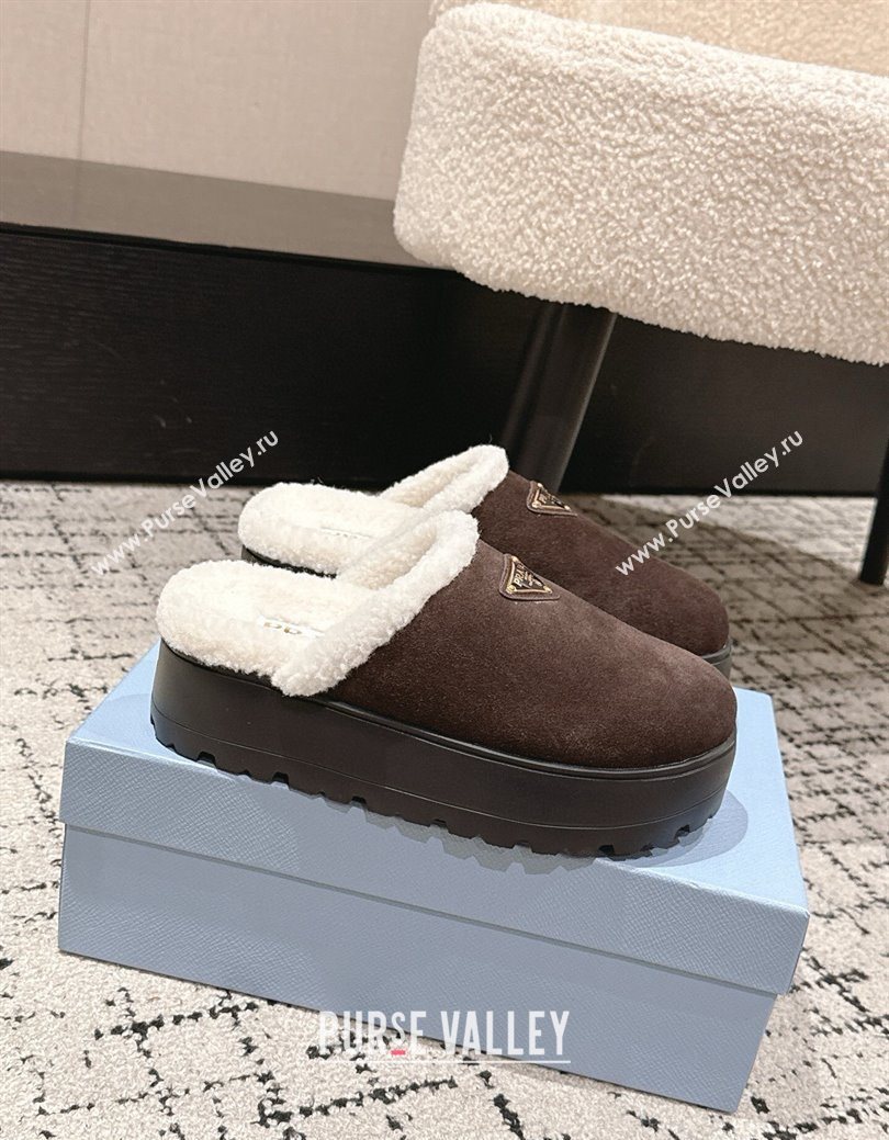 Prada Suede and Shearling Platform Mules 4cm Dark Brown 2025 PR102702 (HQG-251027024)
