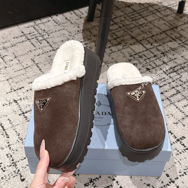 Prada Suede and Shearling Platform Mules 4cm Dark Brown 2025 PR102702 (HQG-251027024)