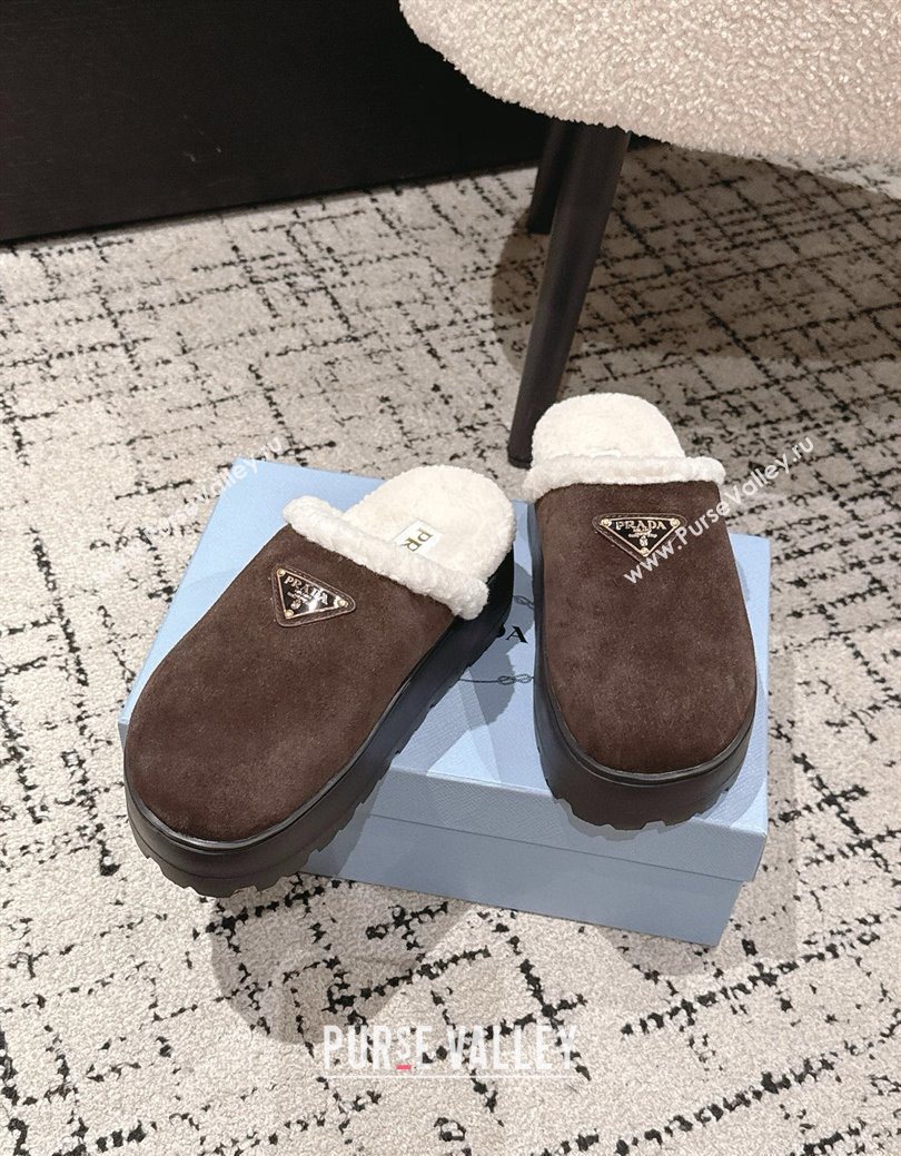 Prada Suede and Shearling Platform Mules 4cm Dark Brown 2025 PR102702 (HQG-251027024)