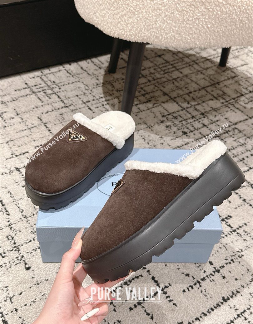 Prada Suede and Shearling Platform Mules 4cm Dark Brown 2025 PR102702 (HQG-251027024)