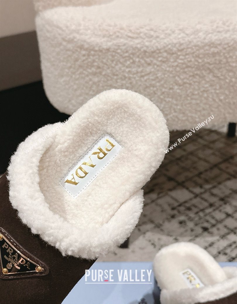 Prada Suede and Shearling Platform Mules 4cm Dark Brown 2025 PR102702 (HQG-251027024)