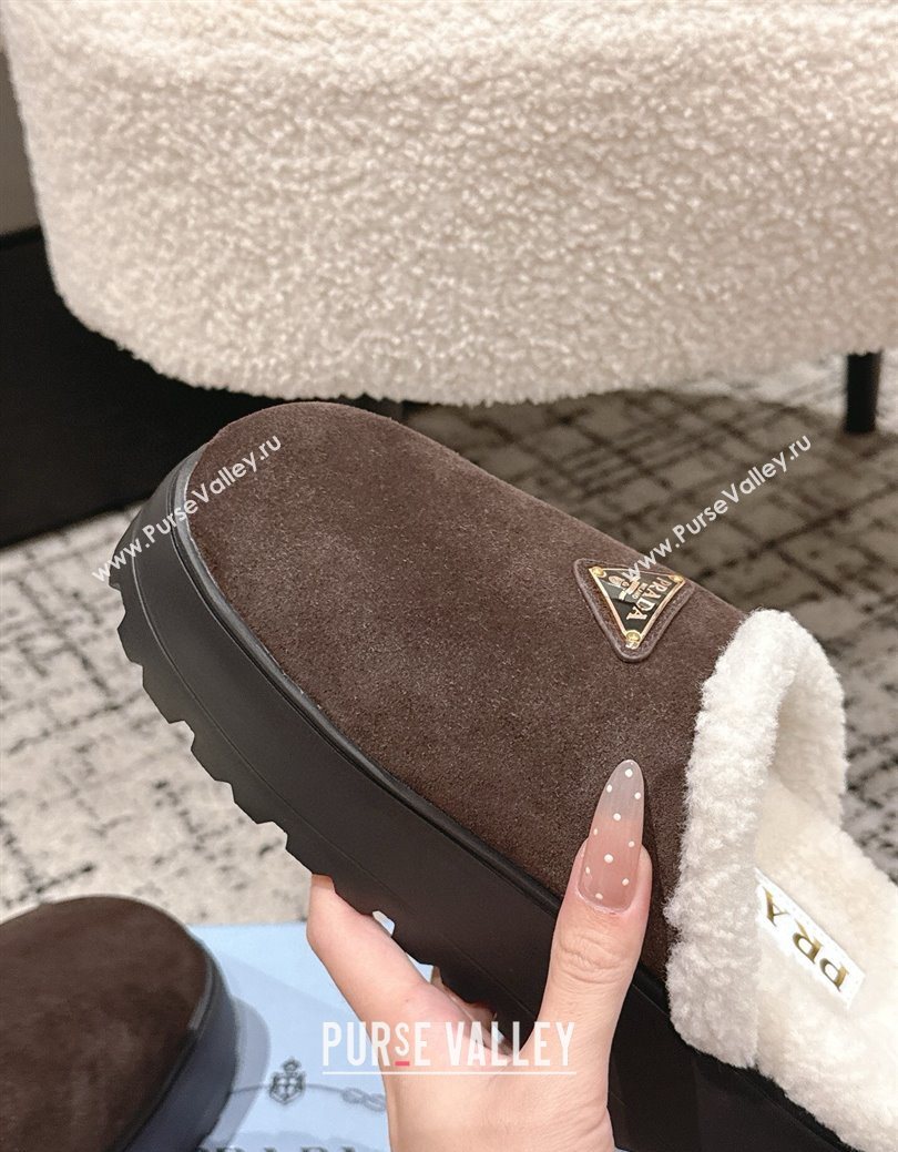 Prada Suede and Shearling Platform Mules 4cm Dark Brown 2025 PR102702 (HQG-251027024)