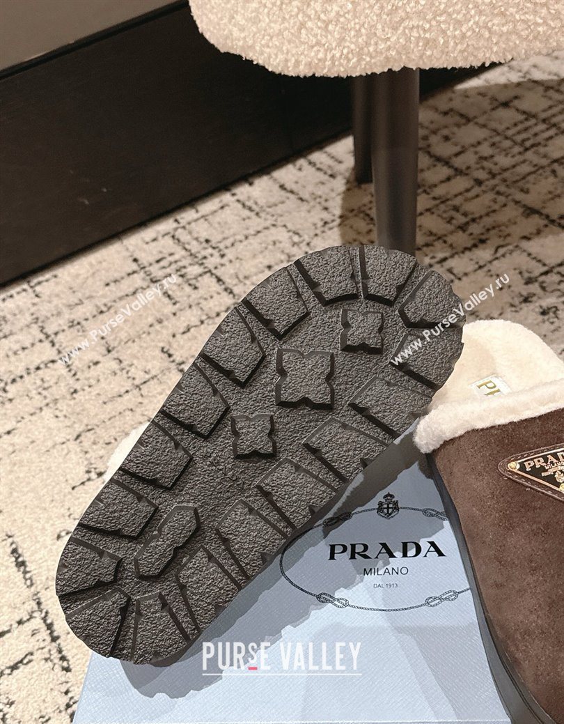 Prada Suede and Shearling Platform Mules 4cm Dark Brown 2025 PR102702 (HQG-251027024)