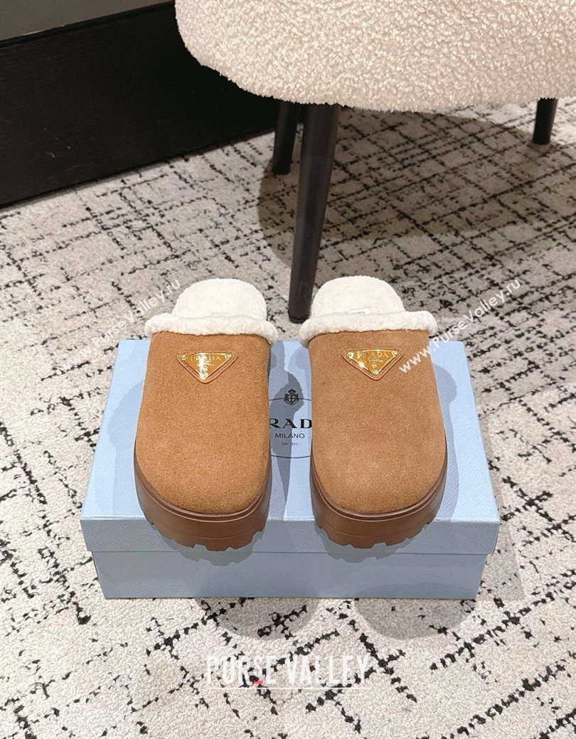 Prada Suede and Shearling Platform Mules 4cm Brown2 2025 PR102702 (HQG-251027025)