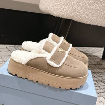 Prada Suede and Shearling Platform Mules 4cm Taupe 2025 PR101107 (HQG-251027018)