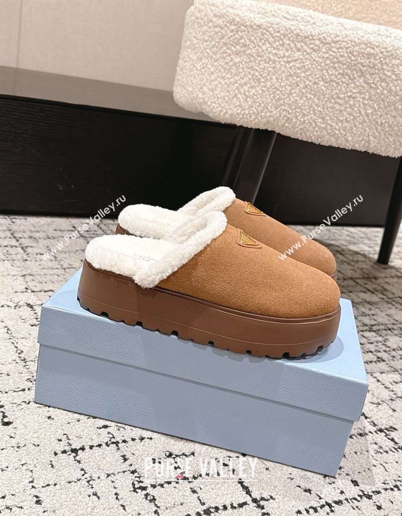 Prada Suede and Shearling Platform Mules 4cm Brown2 2025 PR102702 (HQG-251027025)