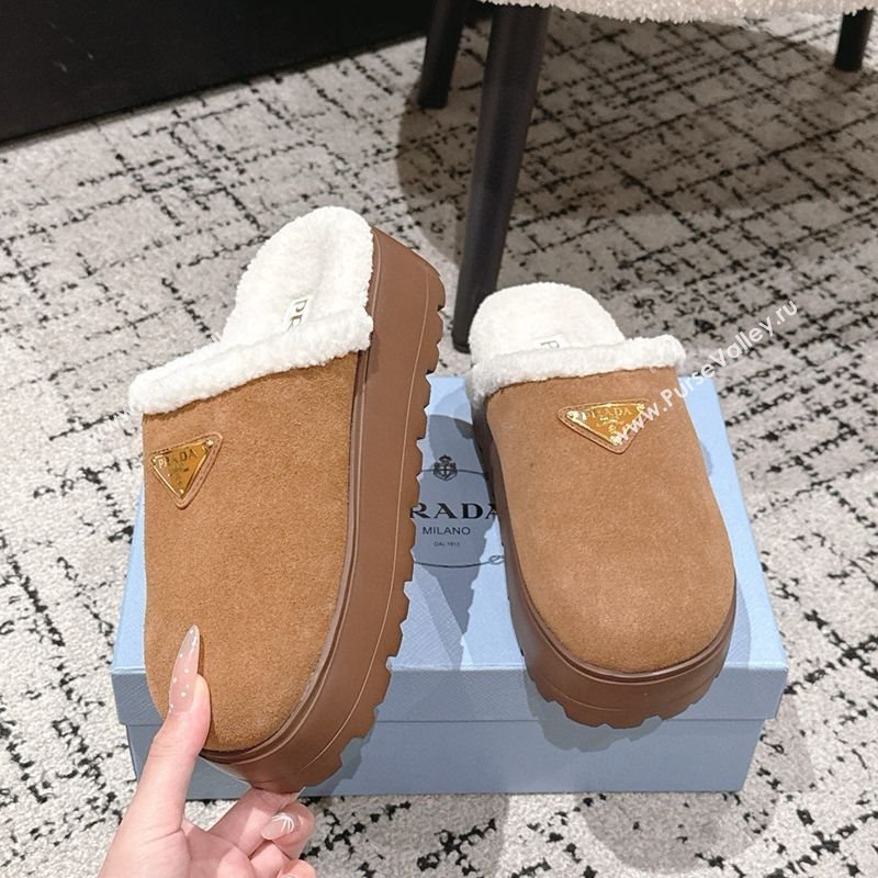 Prada Suede and Shearling Platform Mules 4cm Brown2 2025 PR102702 (HQG-251027025)