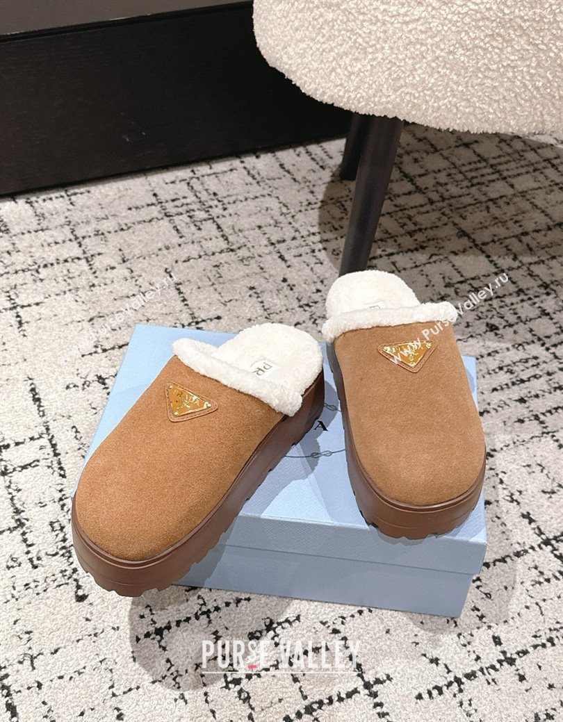 Prada Suede and Shearling Platform Mules 4cm Brown2 2025 PR102702 (HQG-251027025)
