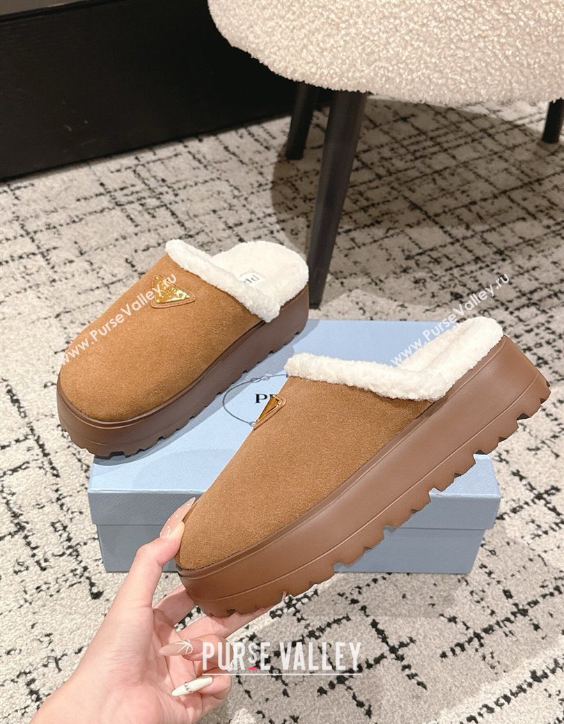 Prada Suede and Shearling Platform Mules 4cm Brown2 2025 PR102702 (HQG-251027025)