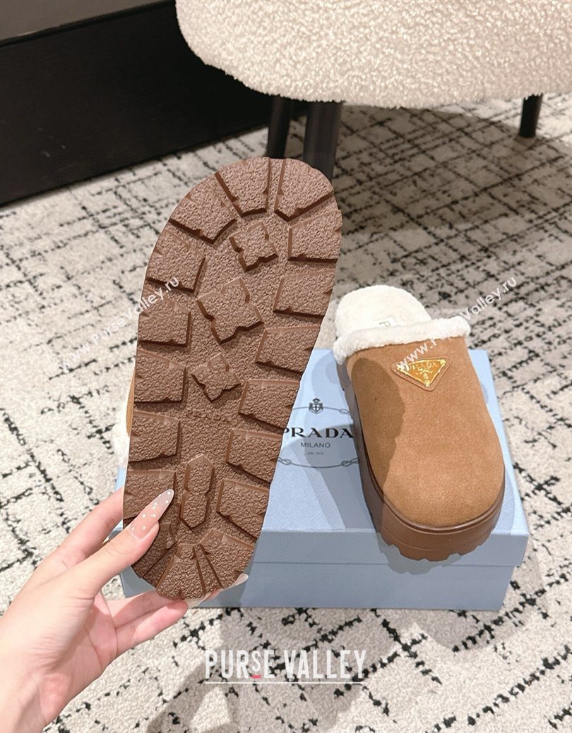 Prada Suede and Shearling Platform Mules 4cm Brown2 2025 PR102702 (HQG-251027025)