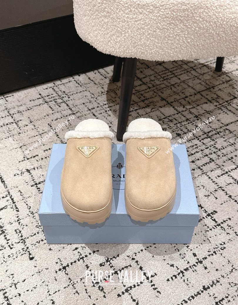 Prada Suede and Shearling Platform Mules 4cm Beige 2025 PR102702 (HQG-251027026)