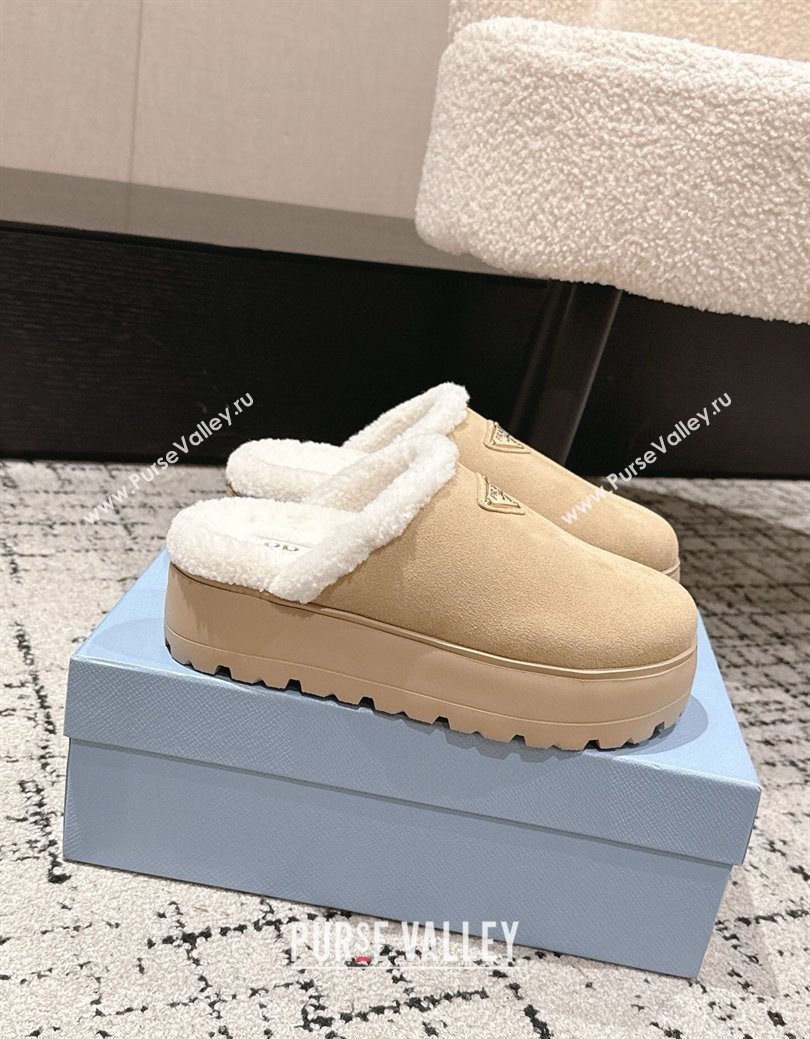 Prada Suede and Shearling Platform Mules 4cm Beige 2025 PR102702 (HQG-251027026)