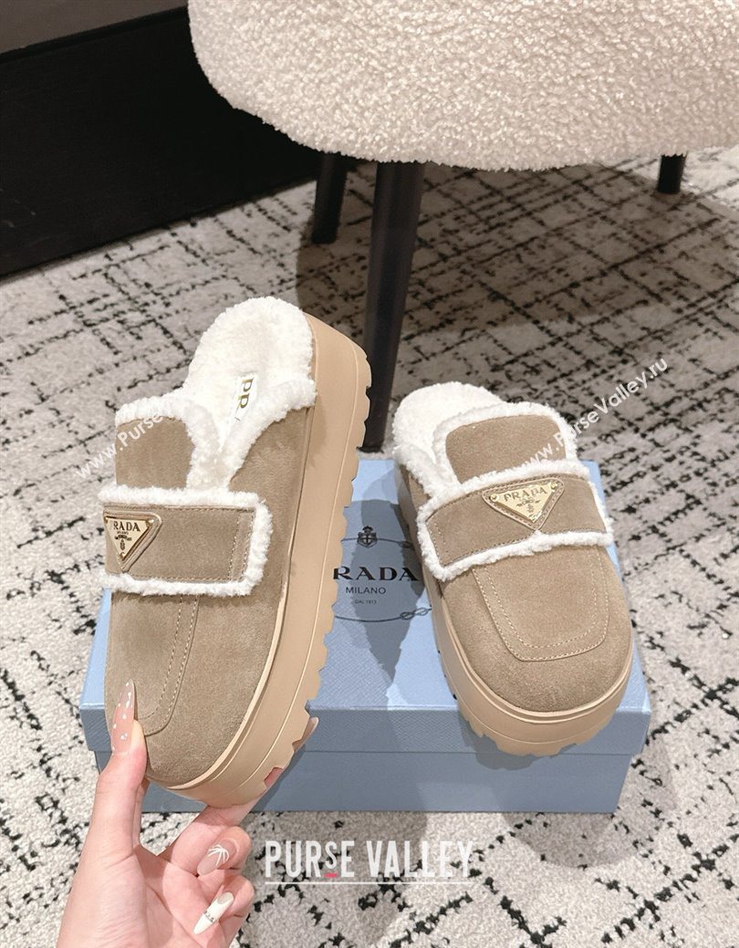 Prada Suede and Shearling Platform Mules 4cm Taupe 2025 PR101107 (HQG-251027018)
