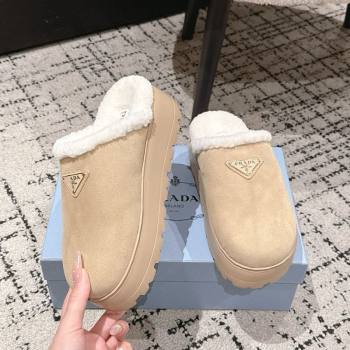 Prada Suede and Shearling Platform Mules 4cm Beige 2025 PR102702 (HQG-251027026)