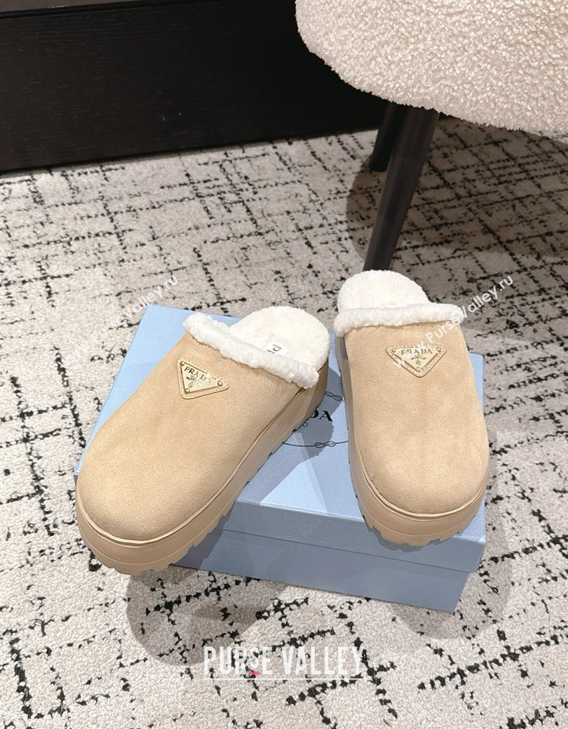 Prada Suede and Shearling Platform Mules 4cm Beige 2025 PR102702 (HQG-251027026)