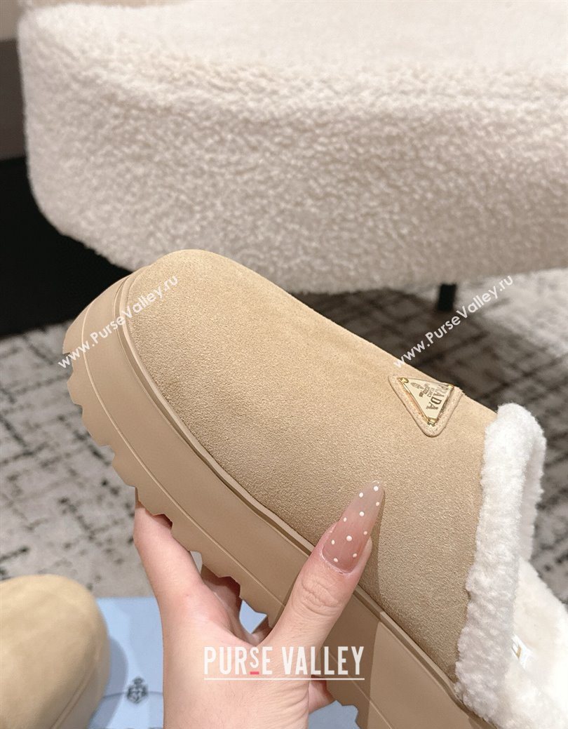 Prada Suede and Shearling Platform Mules 4cm Beige 2025 PR102702 (HQG-251027026)