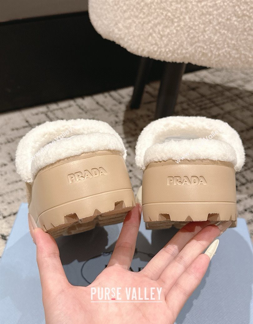 Prada Suede and Shearling Platform Mules 4cm Beige 2025 PR102702 (HQG-251027026)