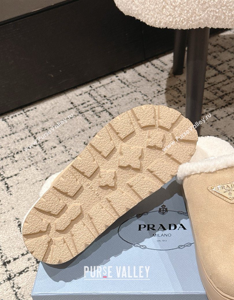 Prada Suede and Shearling Platform Mules 4cm Beige 2025 PR102702 (HQG-251027026)