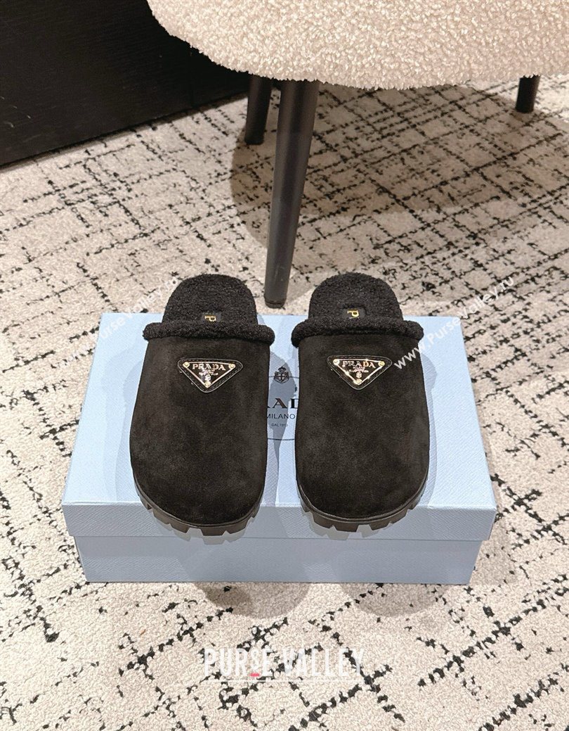 Prada Suede and Shearling Flat Mules Black 2025 PR102702 (HQG-251027027)