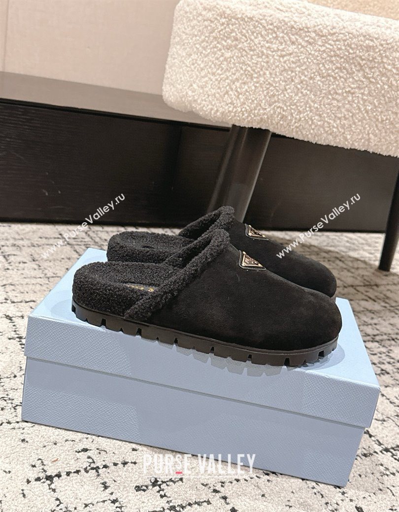 Prada Suede and Shearling Flat Mules Black 2025 PR102702 (HQG-251027027)