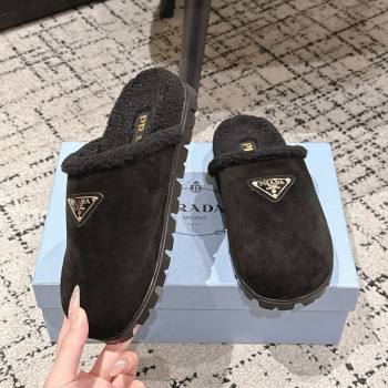 Prada Suede and Shearling Flat Mules Black 2025 PR102702 (HQG-251027027)