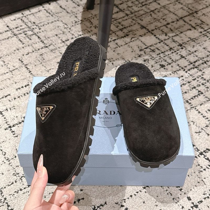 Prada Suede and Shearling Flat Mules Black 2025 PR102702 (HQG-251027027)