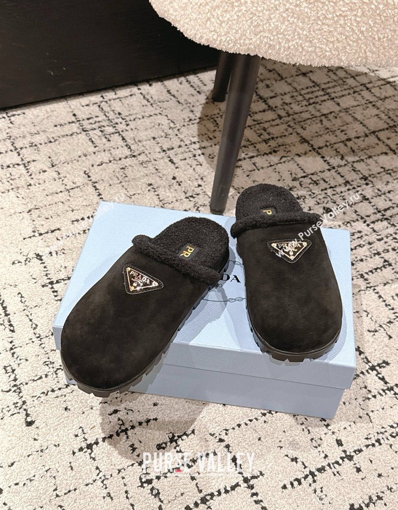 Prada Suede and Shearling Flat Mules Black 2025 PR102702 (HQG-251027027)