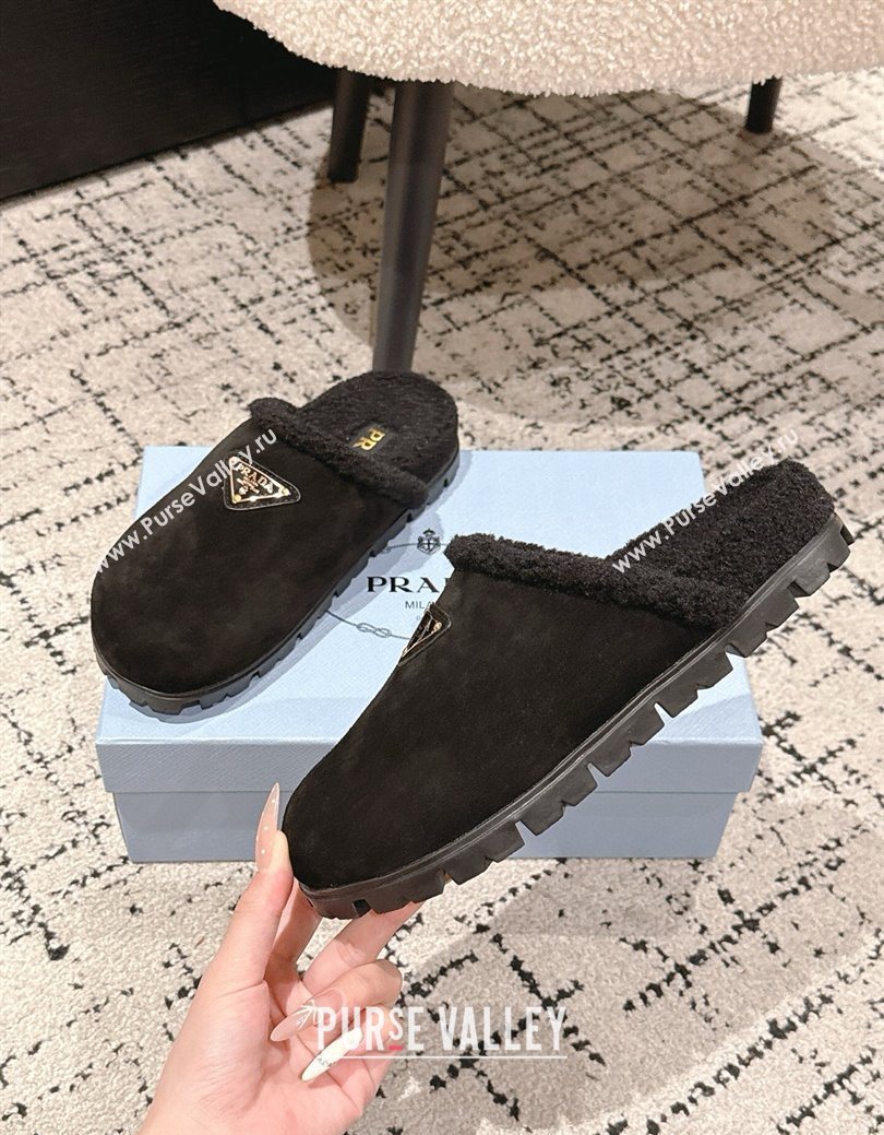 Prada Suede and Shearling Flat Mules Black 2025 PR102702 (HQG-251027027)
