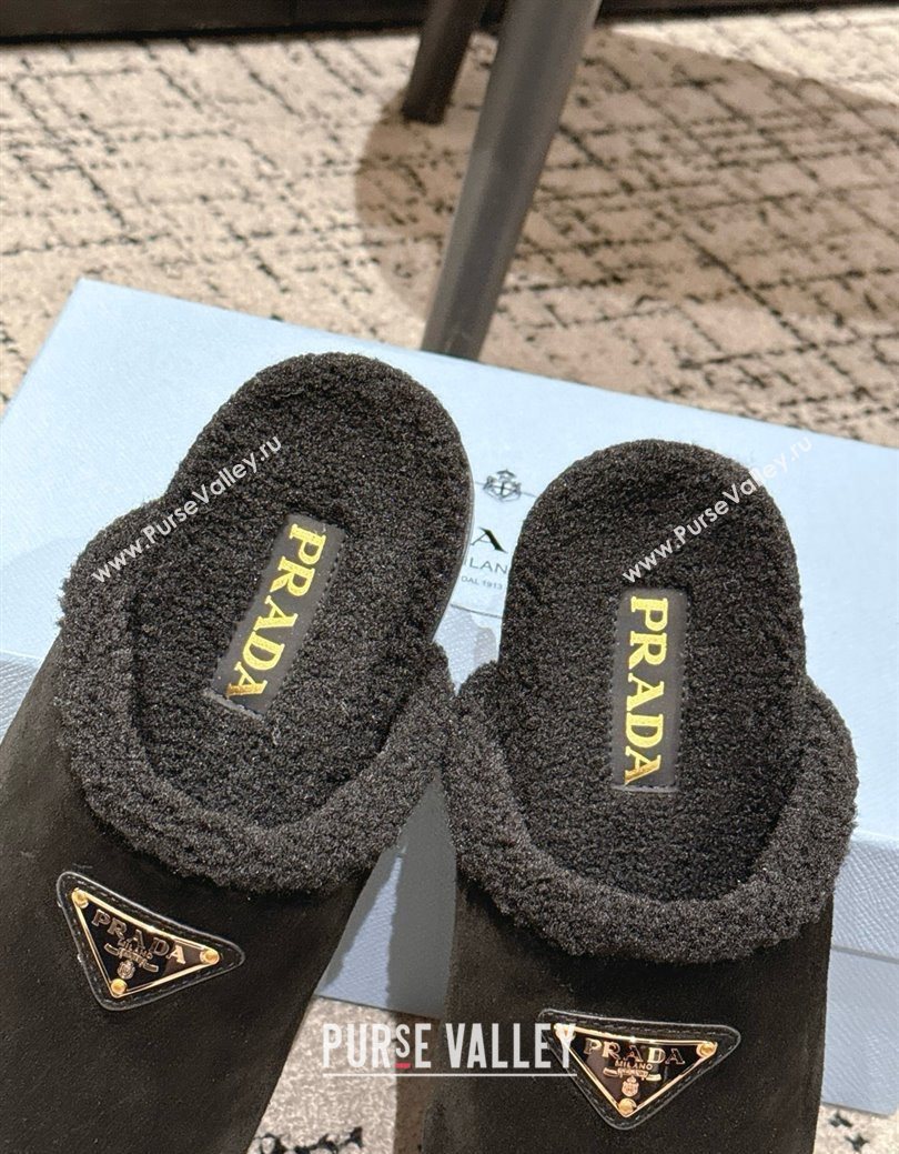 Prada Suede and Shearling Flat Mules Black 2025 PR102702 (HQG-251027027)
