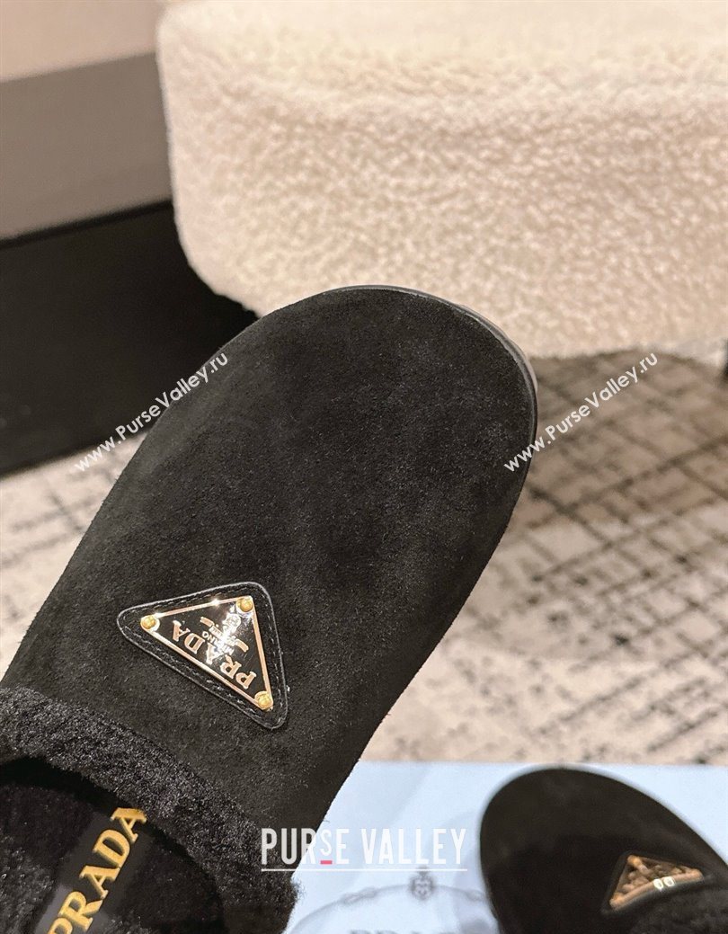 Prada Suede and Shearling Flat Mules Black 2025 PR102702 (HQG-251027027)