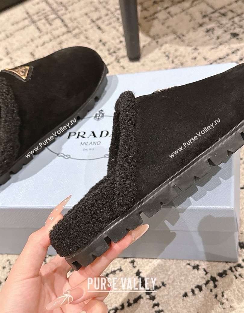 Prada Suede and Shearling Flat Mules Black 2025 PR102702 (HQG-251027027)