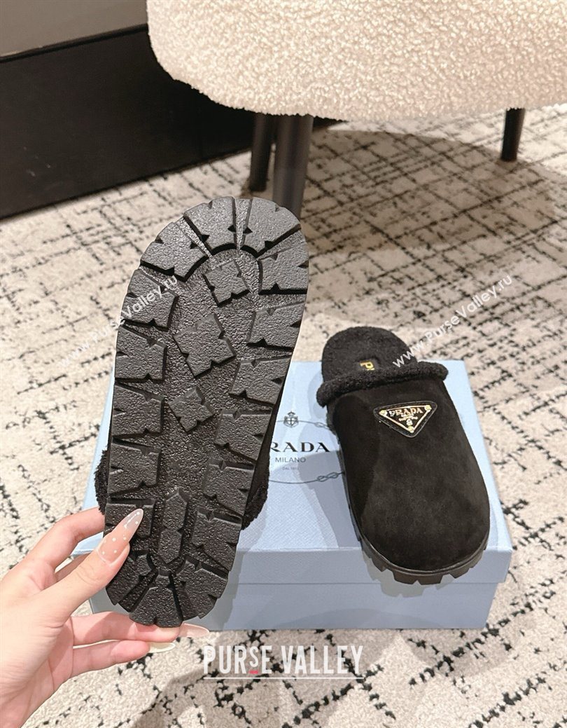 Prada Suede and Shearling Flat Mules Black 2025 PR102702 (HQG-251027027)