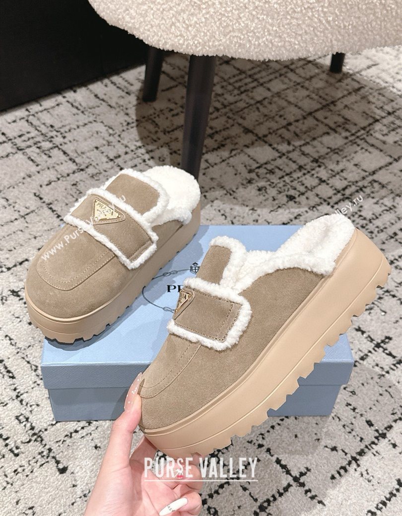Prada Suede and Shearling Platform Mules 4cm Taupe 2025 PR101107 (HQG-251027018)