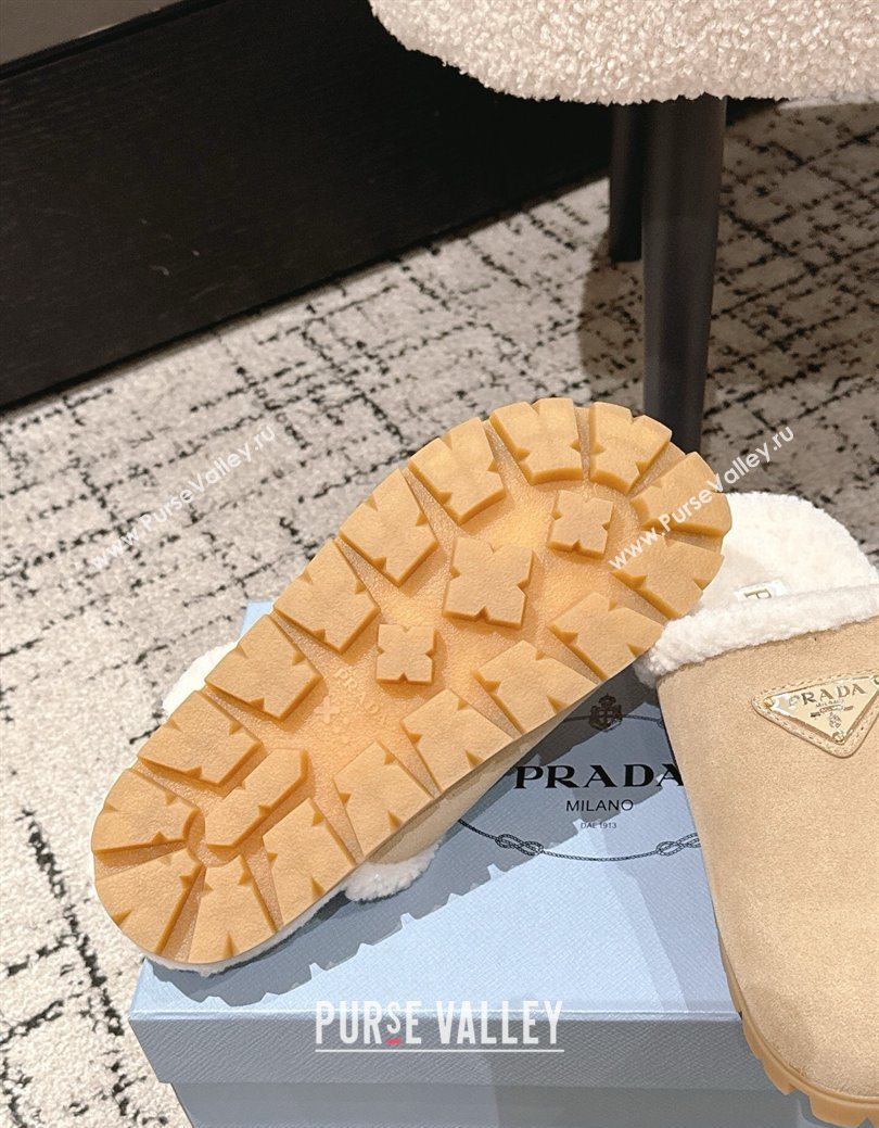 Prada Suede and Shearling Flat Mules Beige 2025 PR102702 (HQG-251027028)