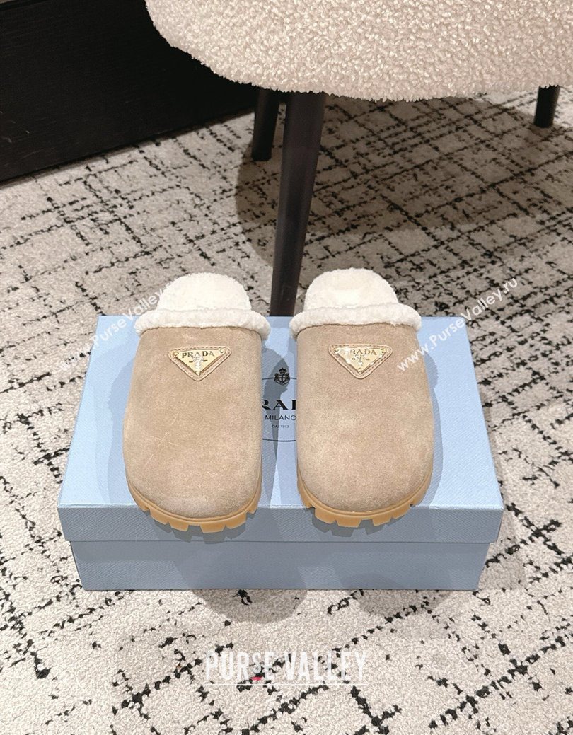 Prada Suede and Shearling Flat Mules Taupe 2025 PR102702 (HQG-251027029)